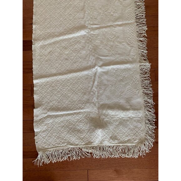 Vintage White Embroidered Table Runner with Fringe Edges 72"x 22" - Picture 2 of 12